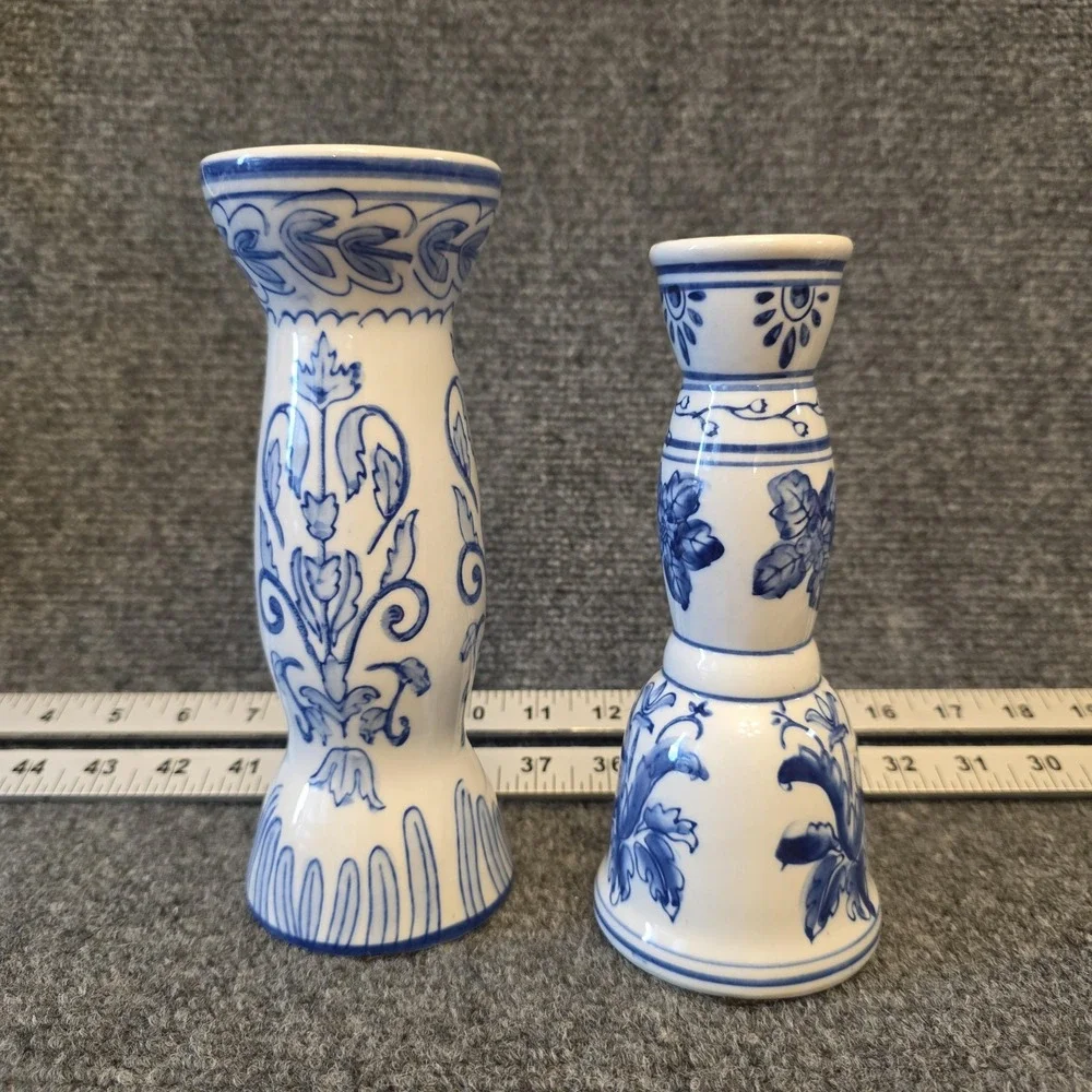 Vintage CBK LTD LLC Blue White Cobalt Ceramic Candlestick Holders Pair Decor‎